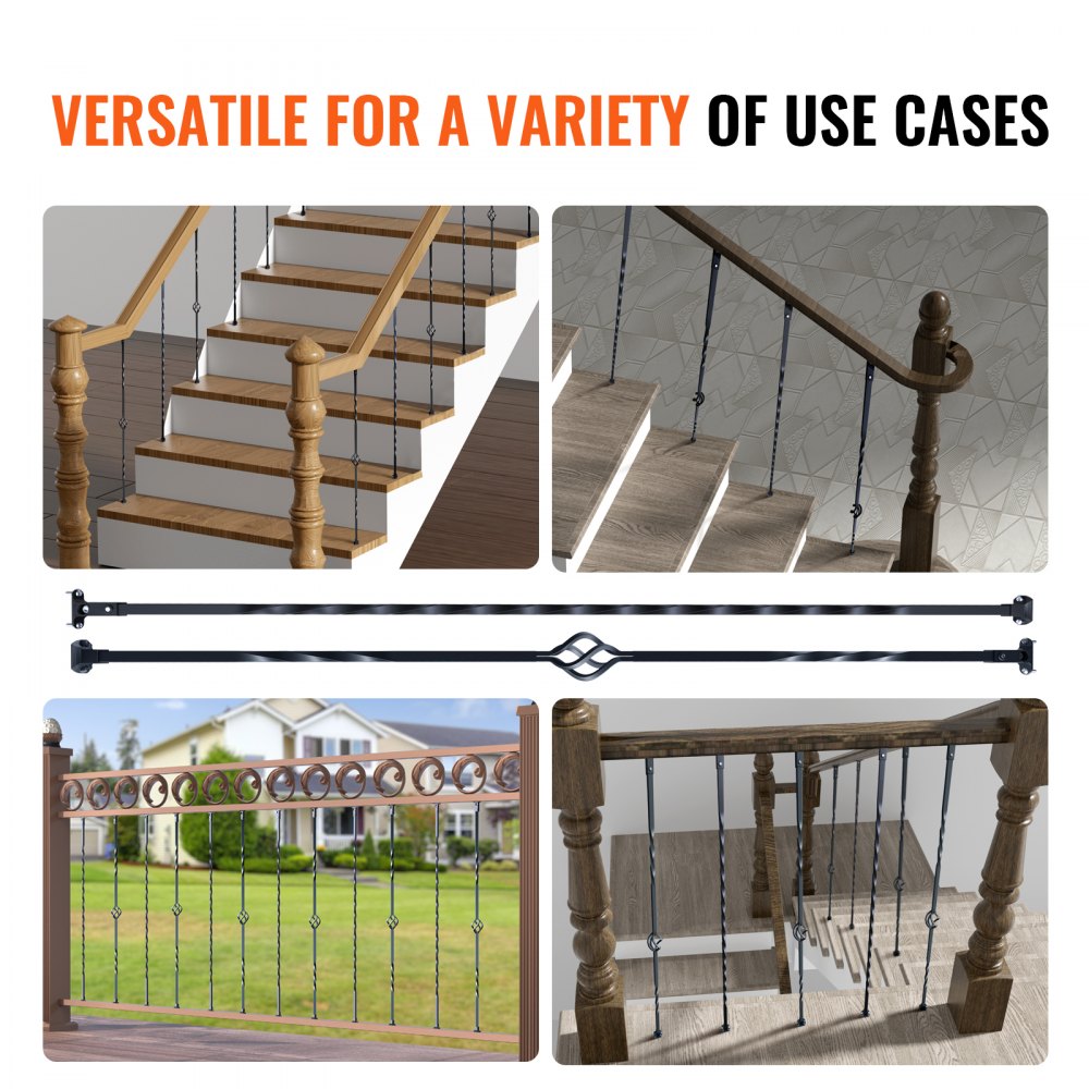 Matte black galvanized steel stair balusters, 44 inches tall, with spiral and single-basket designs.