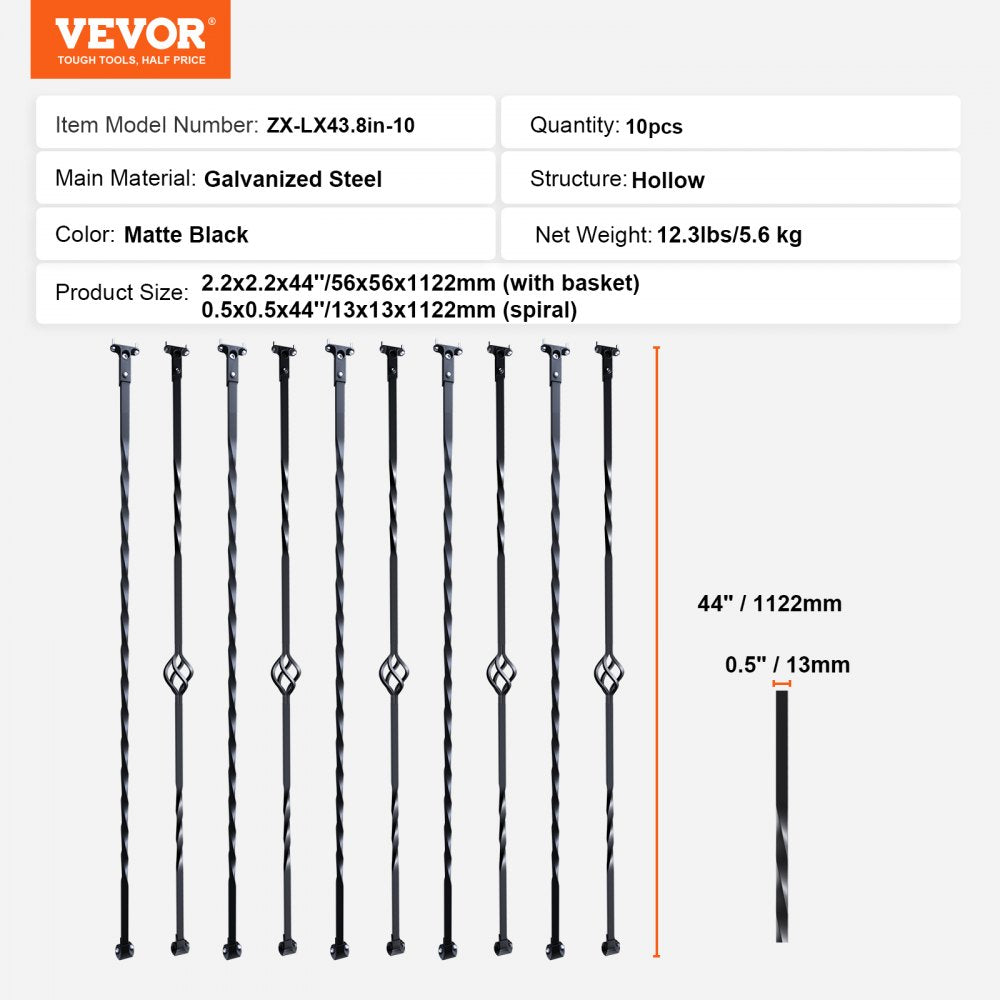 Matte black galvanized steel stair balusters in a 10-pack with spiral and single-basket designs.