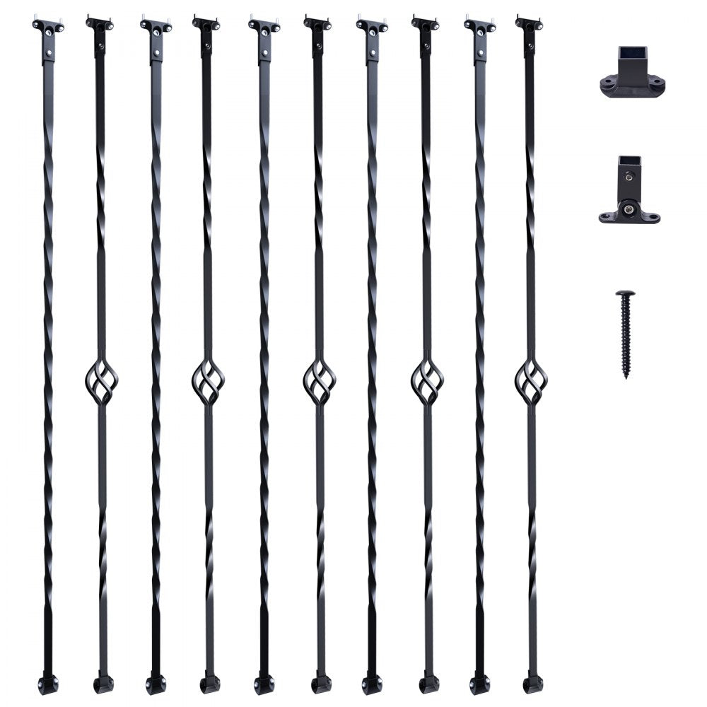 Matte black galvanized steel stair balusters in a 10-pack with single-basket and spiral designs.
