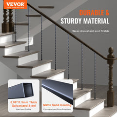 Staircase Metal Balusters, 44`` x 1/2" Galvanized Steel Decorative Banister Spindles, 10 Pack Deck Baluster with Hollow Twists, Satin Black Spiral Stair Railing with Shoes & Screws