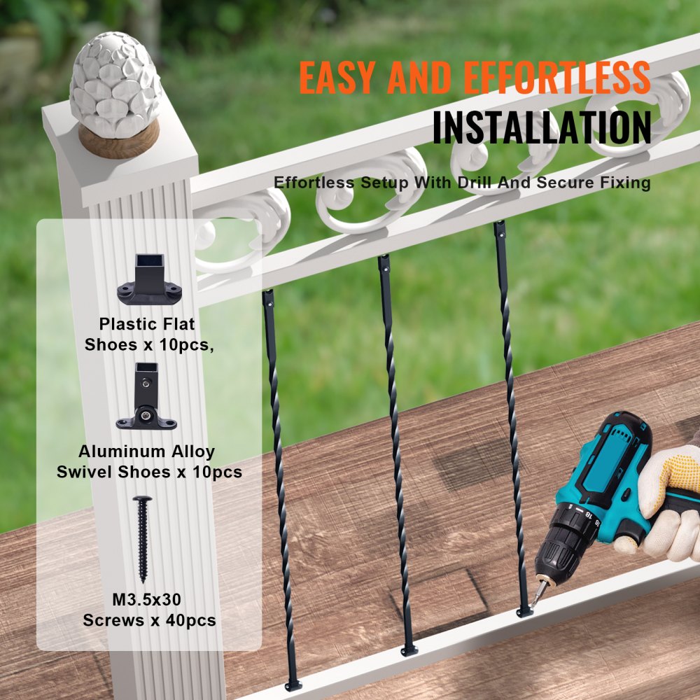 Staircase Metal Balusters, 44`` x 1/2" Galvanized Steel Decorative Banister Spindles, 10 Pack Deck Baluster with Hollow Twists, Satin Black Spiral Stair Railing with Shoes & Screws