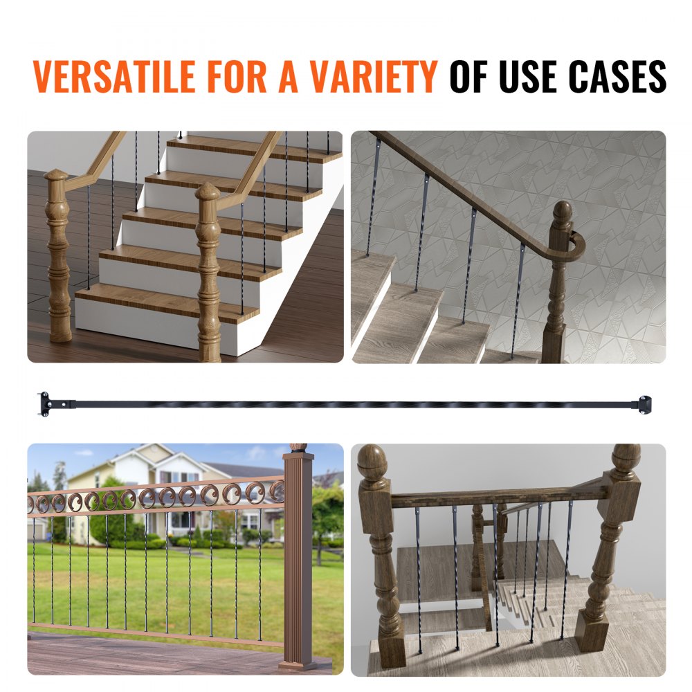 Staircase Metal Balusters, 44`` x 1/2" Galvanized Steel Decorative Banister Spindles, 10 Pack Deck Baluster with Hollow Twists, Satin Black Spiral Stair Railing with Shoes & Screws