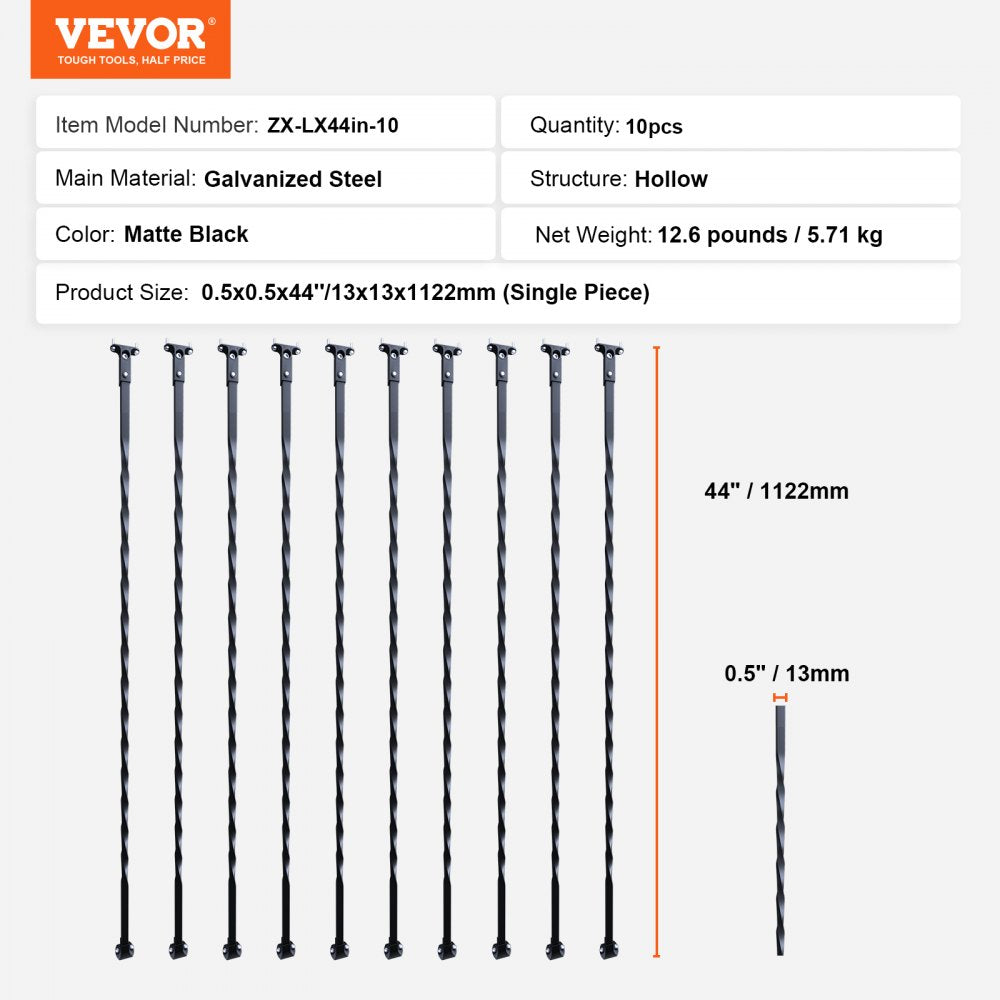 Staircase Metal Balusters, 44`` x 1/2" Galvanized Steel Decorative Banister Spindles, 10 Pack Deck Baluster with Hollow Twists, Satin Black Spiral Stair Railing with Shoes & Screws