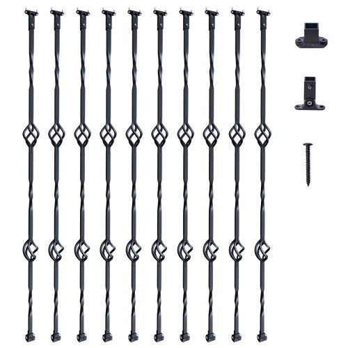 10-pack of 44-inch galvanized steel double basket balusters with black finish, including shoes and screws.