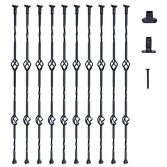 10-pack of 44-inch galvanized steel double basket balusters with black finish, including shoes and screws.