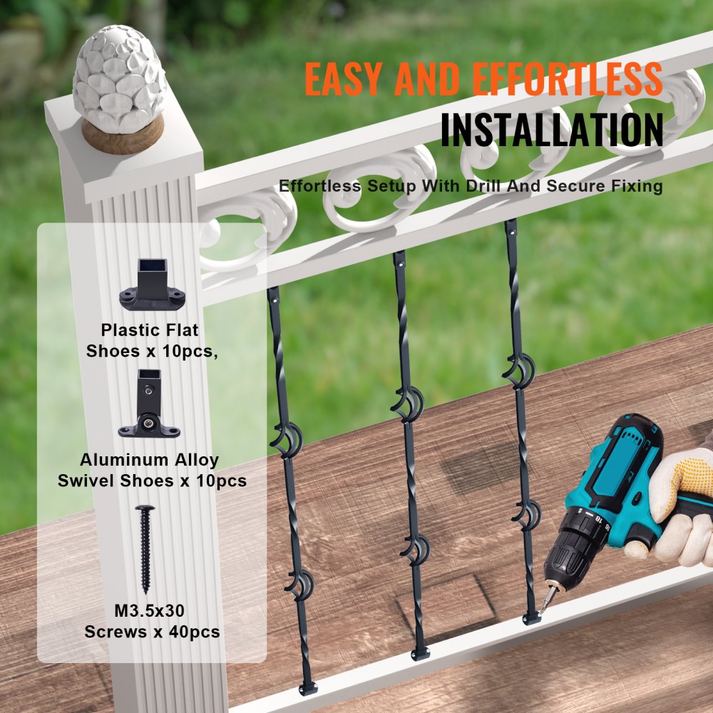 Pack of 10 galvanized steel double basket balusters, 44 inches tall, with installation shoes and screws.
