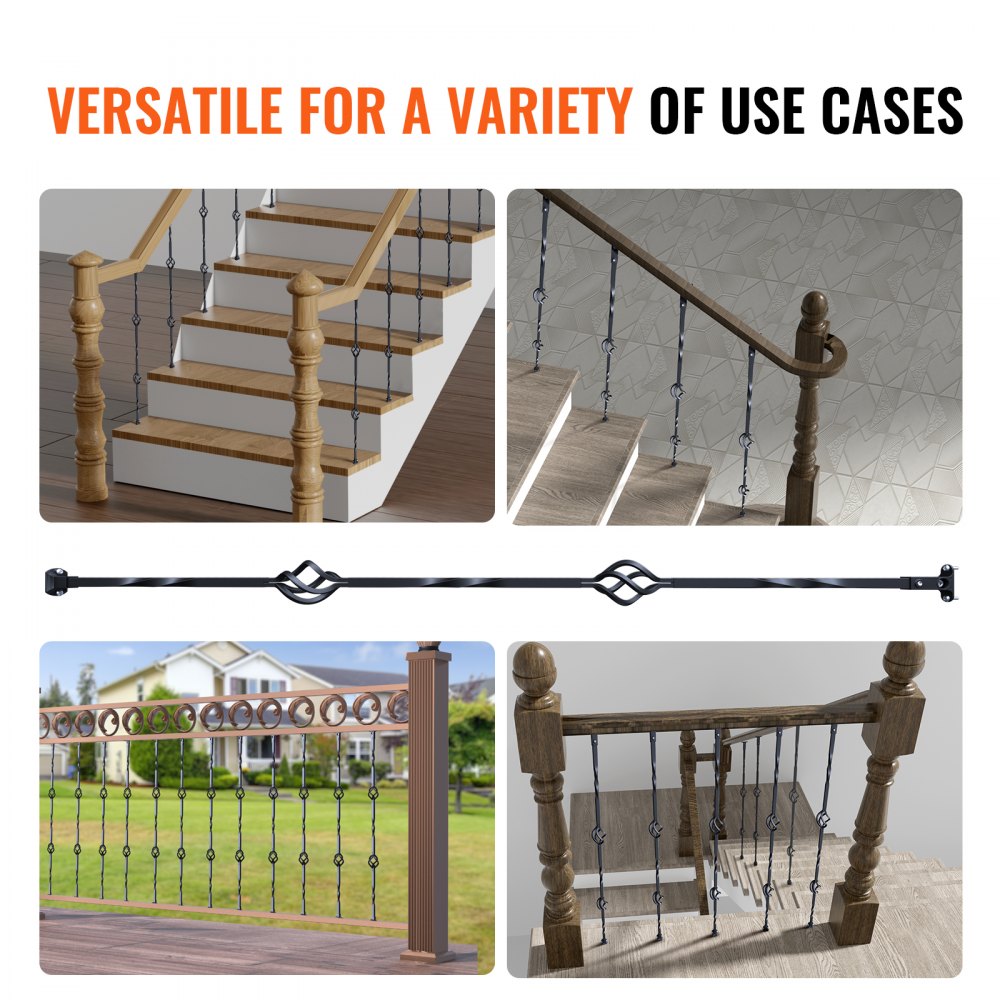 Collage showing 44-inch galvanized steel double basket balusters installed on various indoor and outdoor staircases and railings.