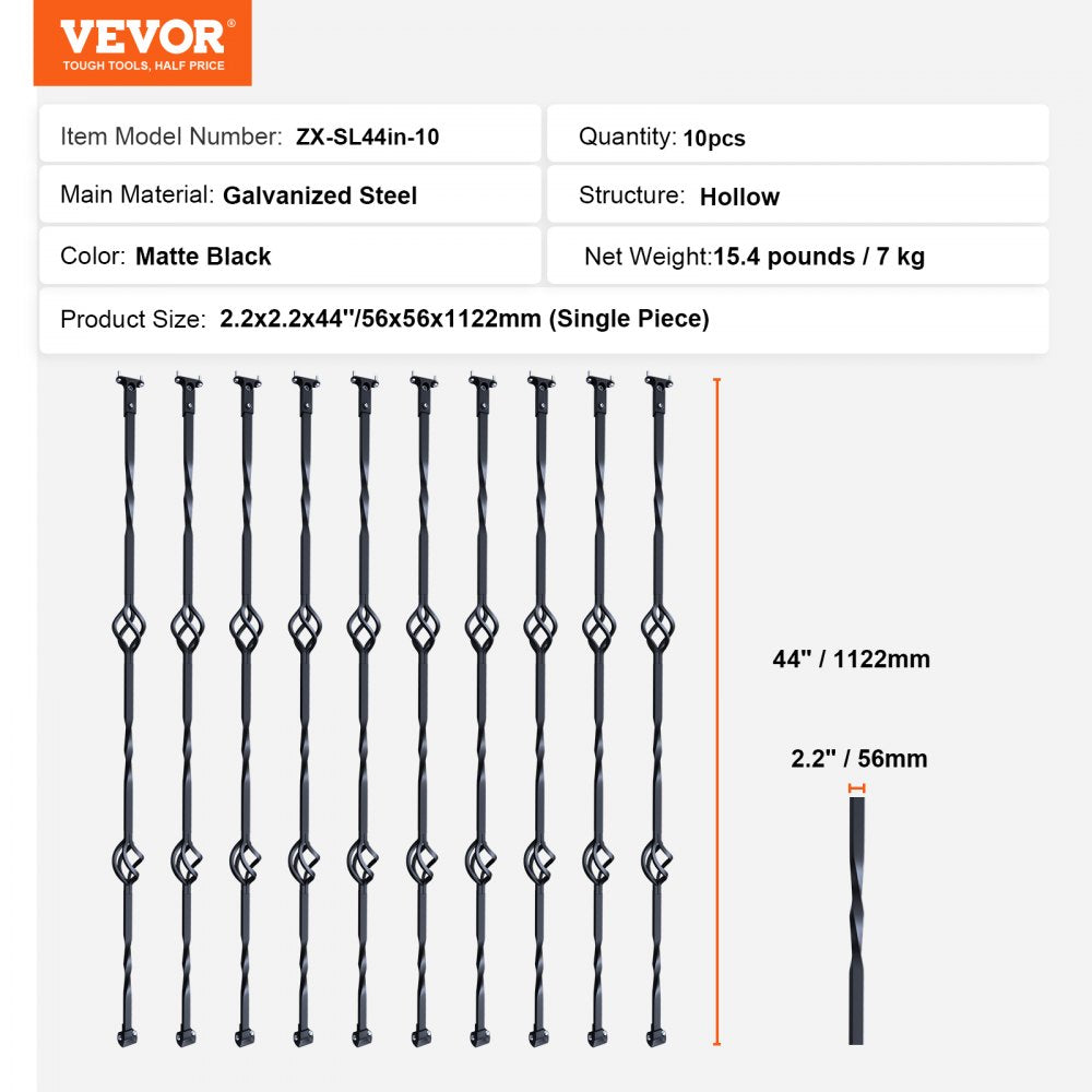 Ten matte black galvanized steel double basket balusters, each 44 inches tall, shown in a pack.