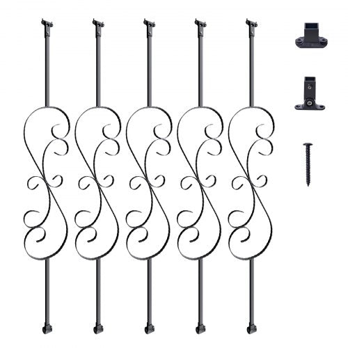 Five 44-inch S-shaped hollow galvanized steel stair balusters with a matte black finish.