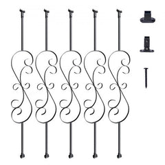 Five 44-inch S-shaped hollow galvanized steel stair balusters with a matte black finish.
