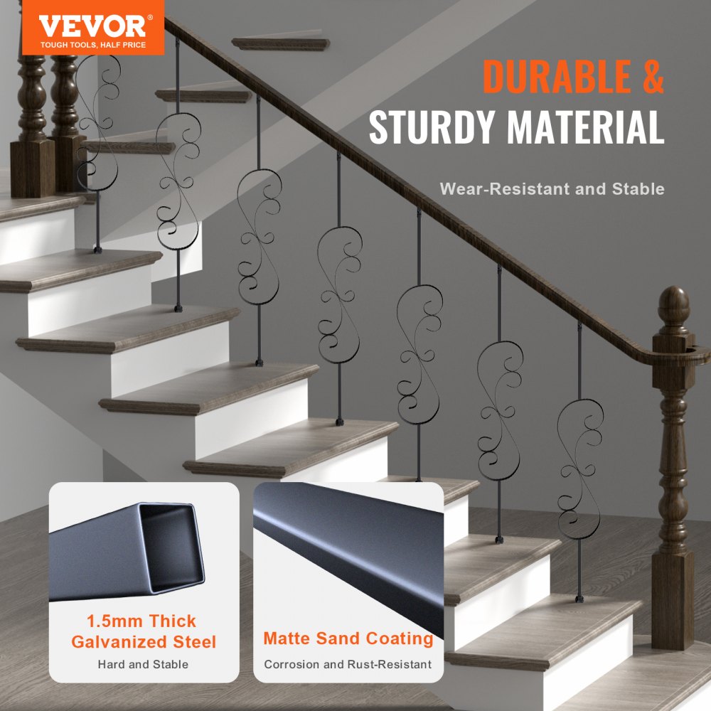 Five 44" S-Shape hollow galvanized steel stair balusters with a matte black finish.