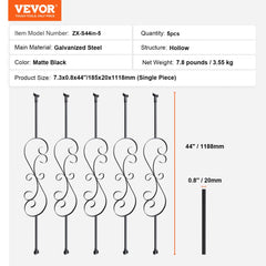 Five 44-inch S-shape hollow galvanized steel stair balusters with a matte black finish.