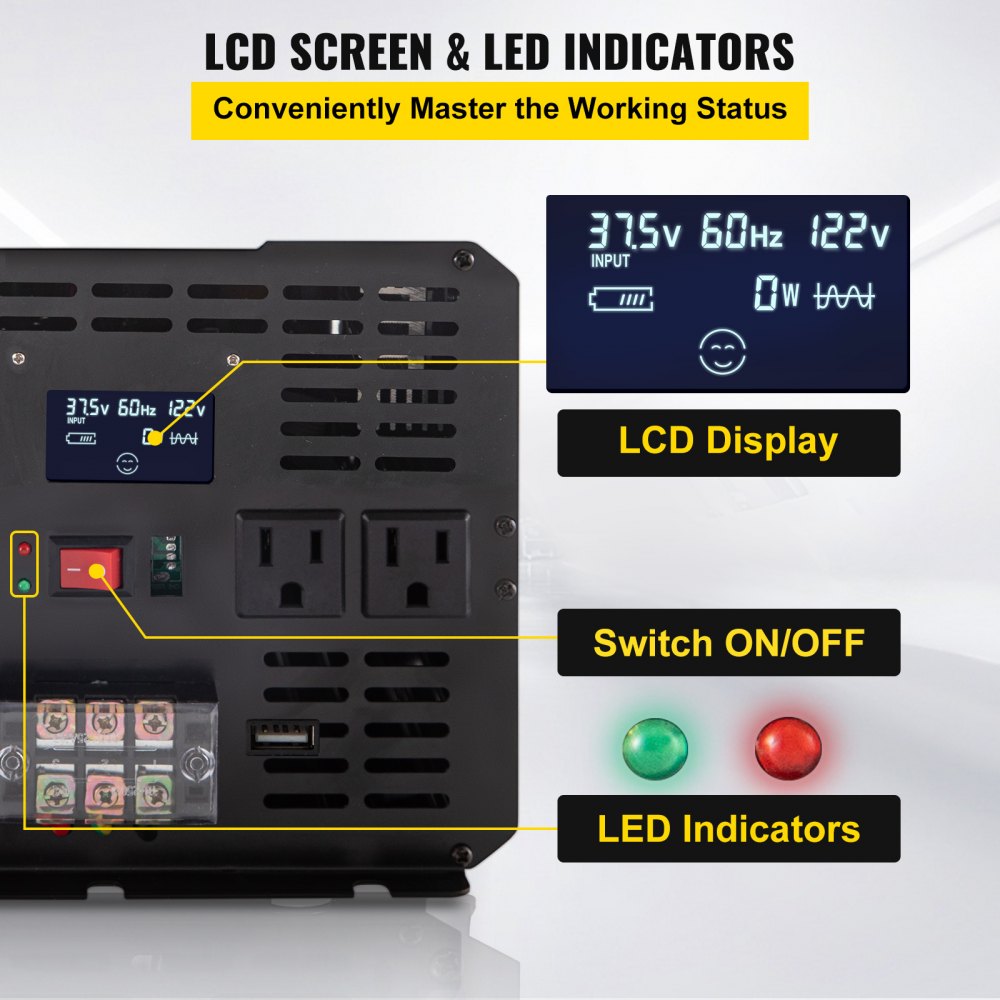 Power Inverter, 5000W Modified Sine Wave Inverter, DC 12V to AC 120V Car Converter, with LCD Remote Controller, LED Indicator, AC Outlets Inverter for Truck RV Car Boat Travel Camping Emergency