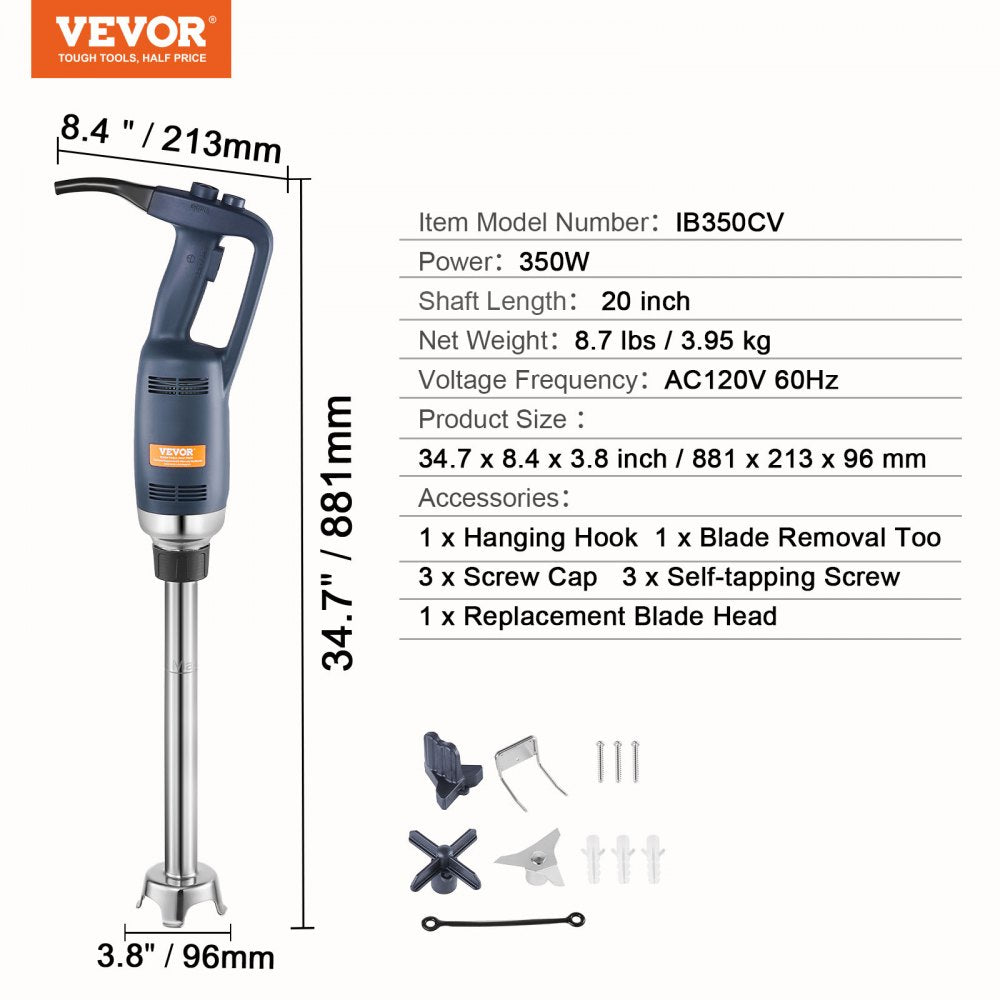 Commercial Immersion Blender 350W Heavy Duty Hand Mixer for Soup Sauces