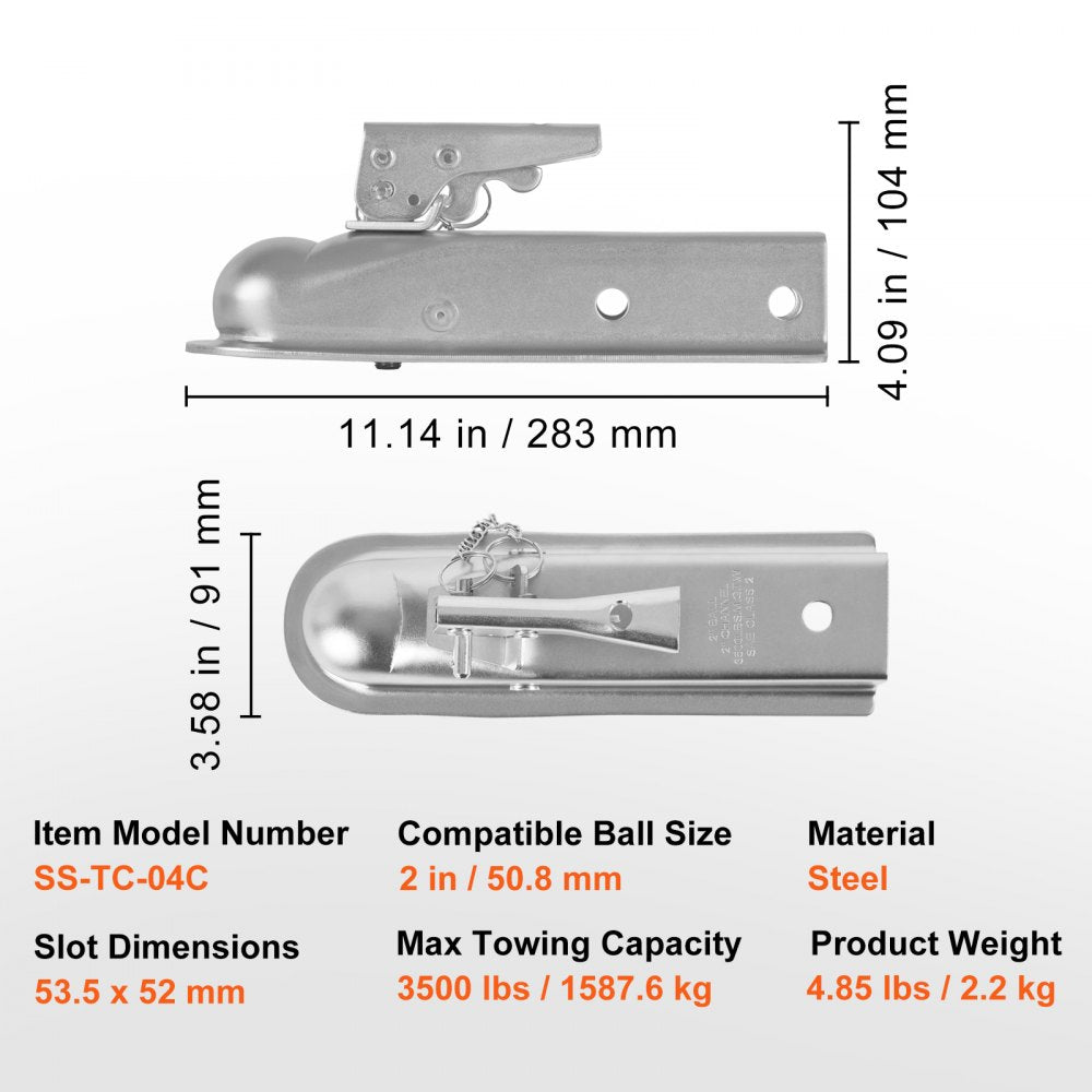 Straight Trailer Coupler, for 2-Inch Hitch Ball, 2-Inch Channel, 3500 lbs Capacity, Heavy Duty Trailer Tongue Coupler, Ideal for Towing Station Wagons, Pickup Trucks, SUVs, Zinc Plated Surface