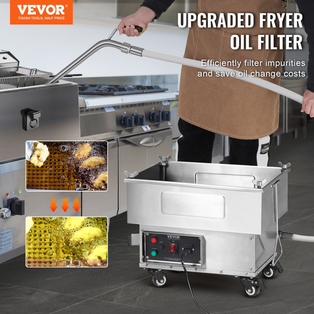 Mobile Fryer Filter, 18L Oil Tank Capacity, Oil Filtration System with 10 L/min Oil Filtration Speed, Mobile Frying Oil Filtering System with Swivel Wheels, Oil Hose for Restaurant Burger Stores