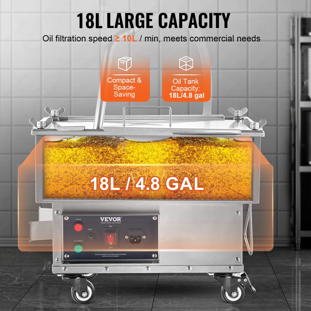 Mobile Fryer Filter, 18L Oil Tank Capacity, Oil Filtration System with 10 L/min Oil Filtration Speed, Mobile Frying Oil Filtering System with Swivel Wheels, Oil Hose for Restaurant Burger Stores