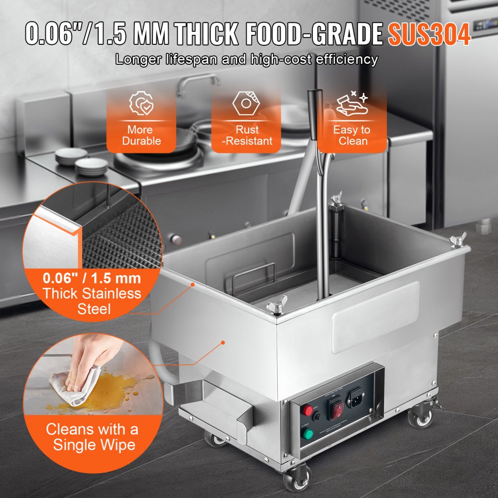 Mobile Fryer Filter, 18L Oil Tank Capacity, Oil Filtration System with 10 L/min Oil Filtration Speed, Mobile Frying Oil Filtering System with Swivel Wheels, Oil Hose for Restaurant Burger Stores