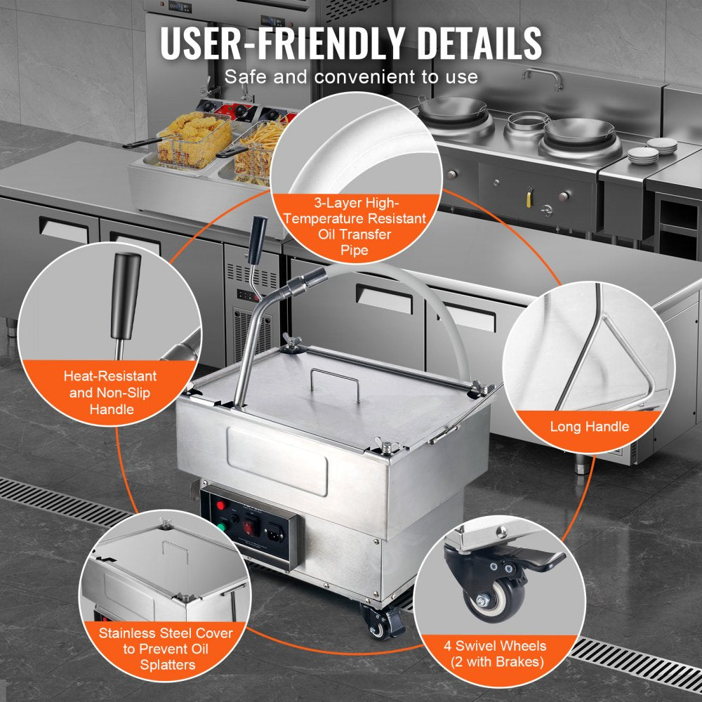 Mobile Fryer Filter, 18L Oil Tank Capacity, Oil Filtration System with 10 L/min Oil Filtration Speed, Mobile Frying Oil Filtering System with Swivel Wheels, Oil Hose for Restaurant Burger Stores