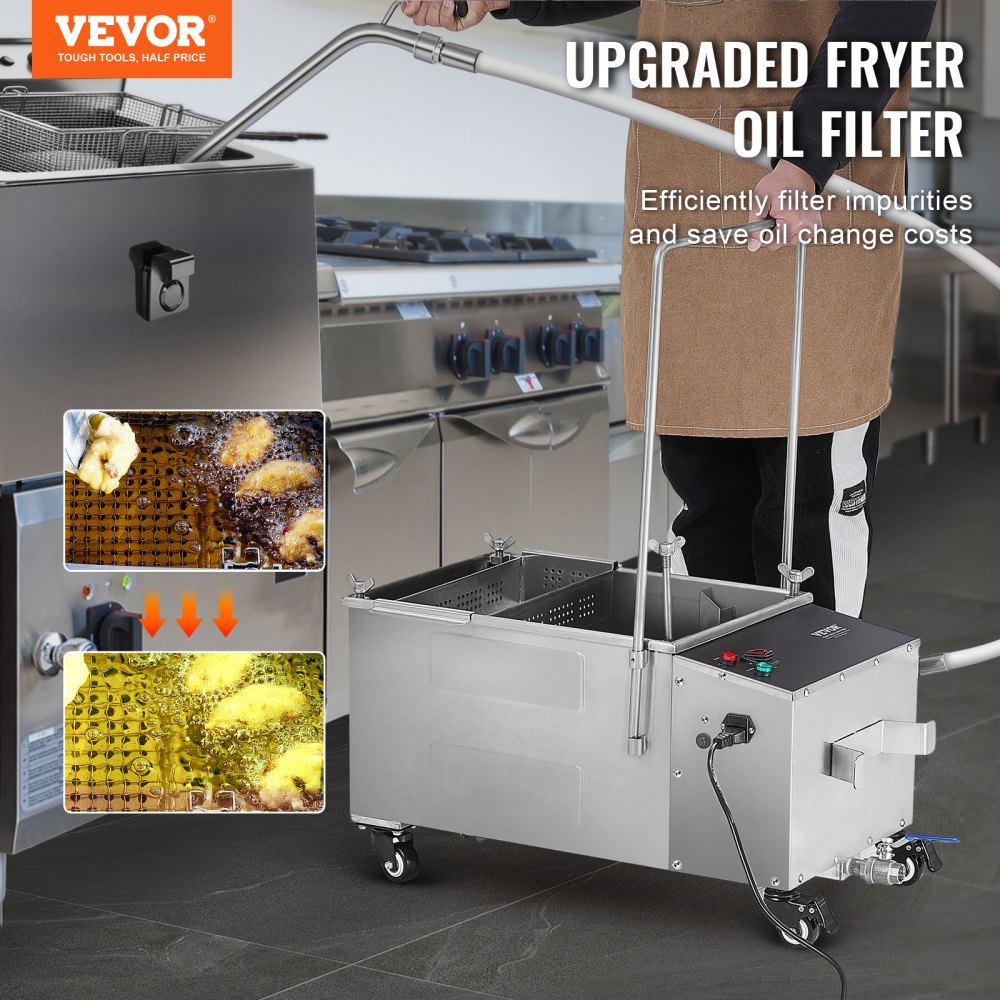 Mobile Fryer Filter, 38L Oil Tank Capacity, Oil Filtration System with 10 L/min Oil Filtration Speed, Mobile Frying Oil Filtering System with Swivel Wheels, Oil Hose for Restaurant Burger Stores