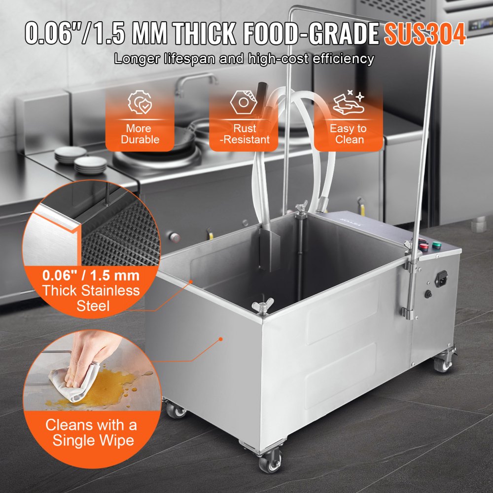 Mobile Fryer Filter, 38L Oil Tank Capacity, Oil Filtration System with 10 L/min Oil Filtration Speed, Mobile Frying Oil Filtering System with Swivel Wheels, Oil Hose for Restaurant Burger Stores