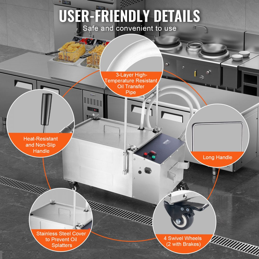 Mobile Fryer Filter, 38L Oil Tank Capacity, Oil Filtration System with 10 L/min Oil Filtration Speed, Mobile Frying Oil Filtering System with Swivel Wheels, Oil Hose for Restaurant Burger Stores