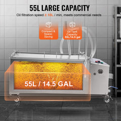 Mobile Fryer Filter, 55L Oil Tank Capacity, Oil Filtration System with 10 L/min Oil Filtration Speed, Mobile Frying Oil Filtering System with Swivel Wheels, Oil Hose for Restaurant Burger Stores