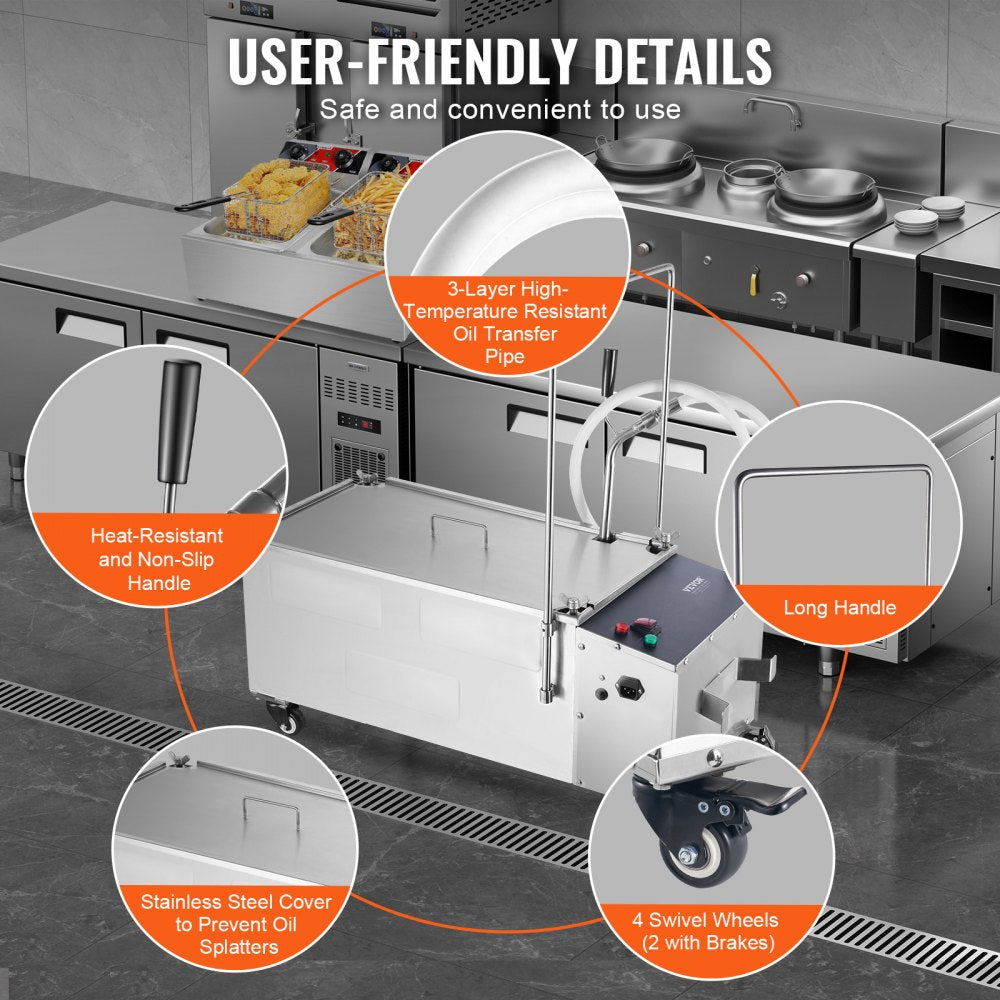 Mobile Fryer Filter, 55L Oil Tank Capacity, Oil Filtration System with 10 L/min Oil Filtration Speed, Mobile Frying Oil Filtering System with Swivel Wheels, Oil Hose for Restaurant Burger Stores