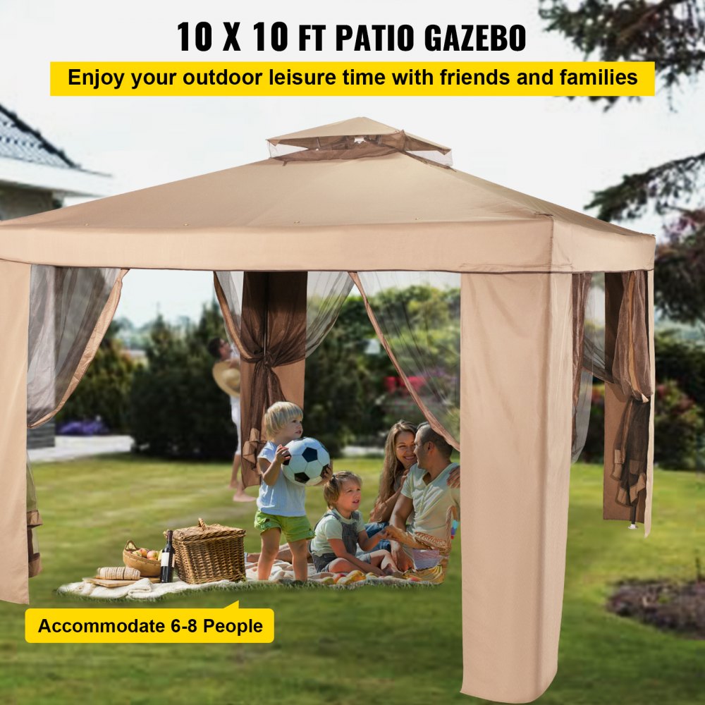 Outdoor Canopy Gazebo Tent, Portable Canopy Shelter with 10`x10` Large Shade Space for Party, Backyard, Patio Lawn and Garden, 4 Sandbags, and Netting Included, Brown