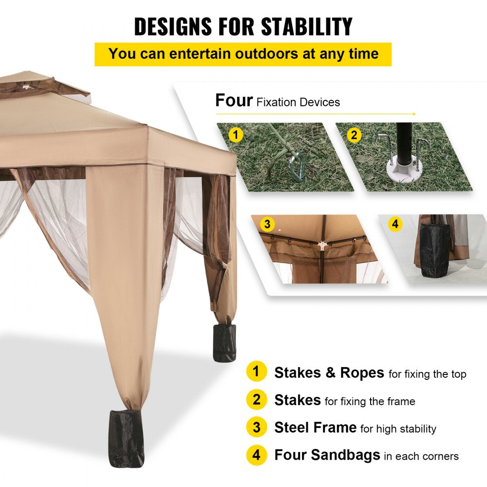 Outdoor Canopy Gazebo Tent, Portable Canopy Shelter with 10`x10` Large Shade Space for Party, Backyard, Patio Lawn and Garden, 4 Sandbags, and Netting Included, Brown