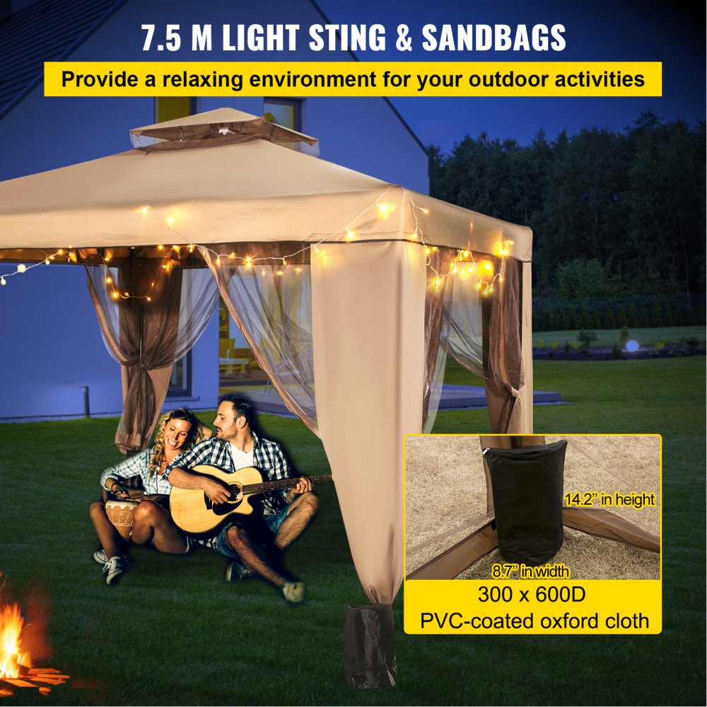 Outdoor Canopy Gazebo Tent, Portable Canopy Shelter with 10`x10` Large Shade Space for Party, Backyard, Patio Lawn and Garden, 4 Sandbags, and Netting Included, Brown
