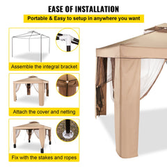 Outdoor Canopy Gazebo Tent, Portable Canopy Shelter with 10`x10` Large Shade Space for Party, Backyard, Patio Lawn and Garden, 4 Sandbags, and Netting Included, Brown