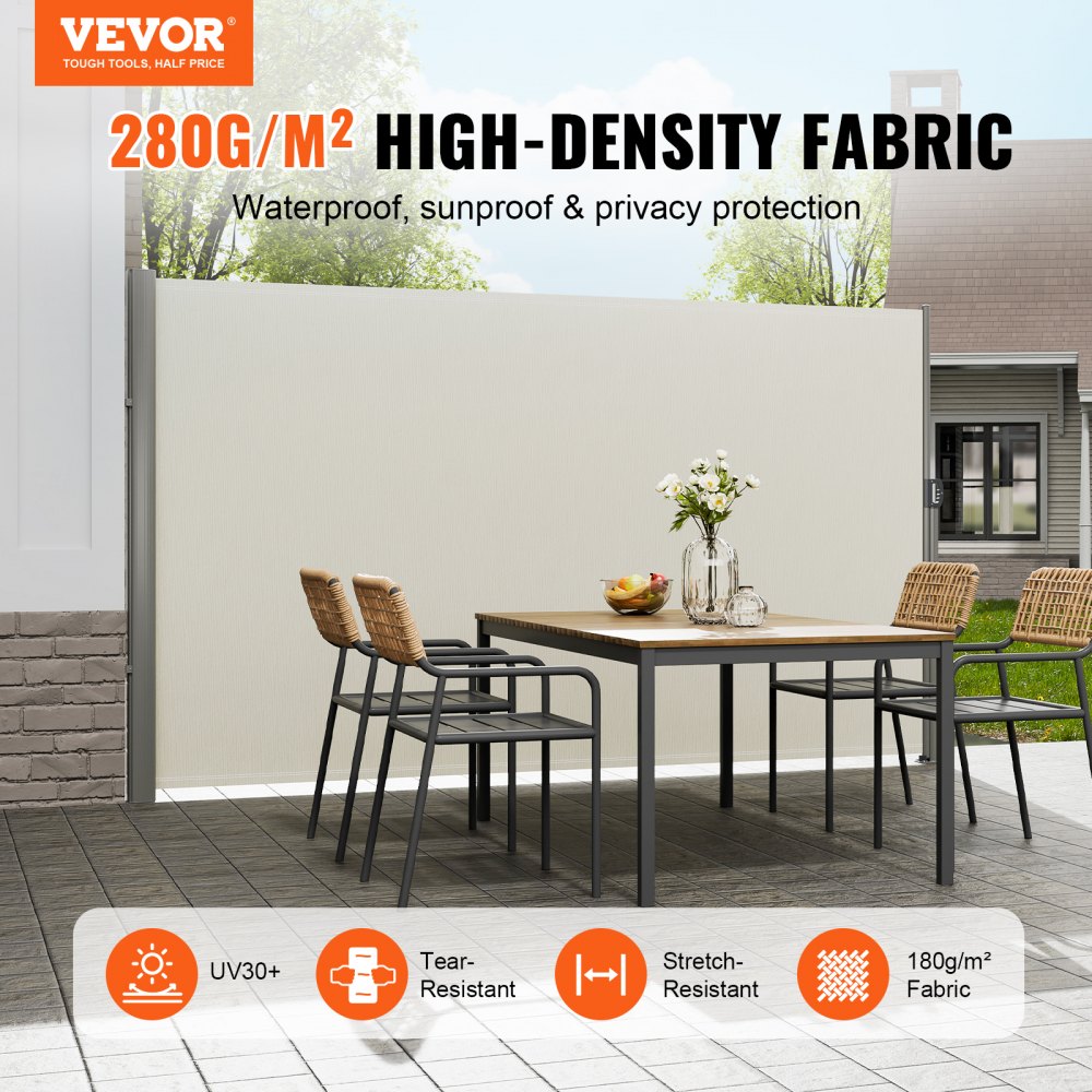 Beige Retractable 63`x118`` Awning-Rugged Full Aluminum Rust-Proof Side Awning Patio Sunshine Privacy Divider Wind Screen. Longer Service Life, Suitable for Courtyard, Roof Terraces and Pools