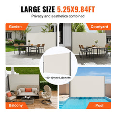 Beige Retractable 63`x118`` Awning-Rugged Full Aluminum Rust-Proof Side Awning Patio Sunshine Privacy Divider Wind Screen. Longer Service Life, Suitable for Courtyard, Roof Terraces and Pools