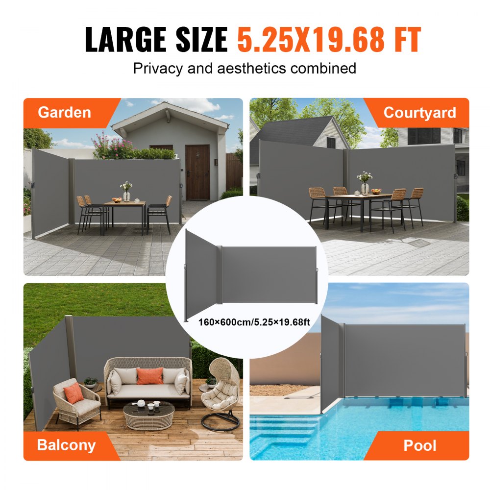 Retractable Side Awning, 63``x 236`` Full Aluminum Rust-Proof Patio Sunshine Screen, Outdoor Privacy Divider & Wind Screen, Works for Courtyard, Balcony, Roof Terraces and Pools, Gray