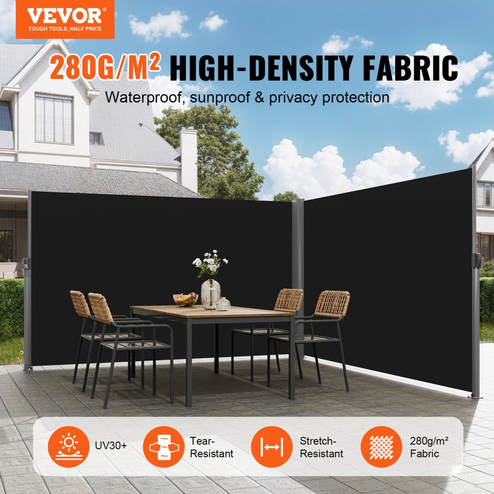 236" x 71"Black Retractable Awnig-Rugged Full Aluminum Rust-Proof Patio Sunshine Privacy Divider Wind Screen. Longer Service Life, Suitable for Courtyard, Roof Terraces and Pools