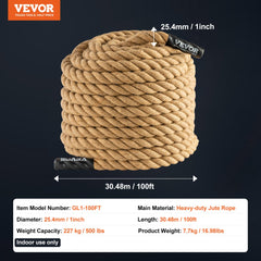 Heavy-duty 1"x100FT gym climbing rope made of natural hemp with rubber end caps.