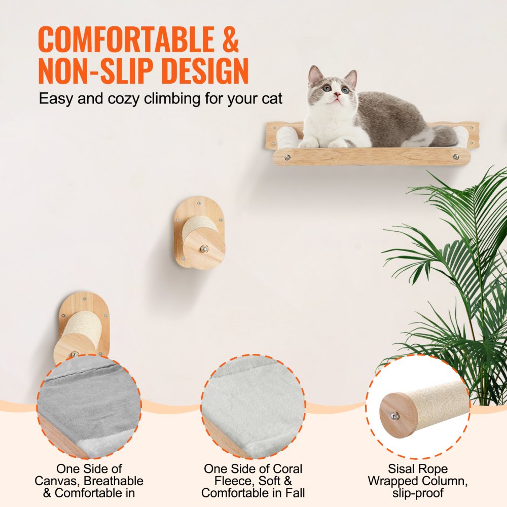 Wall Mounted Cat Shelves with 2 Jumping Posts & 2 Hammocks up to 40 lbs