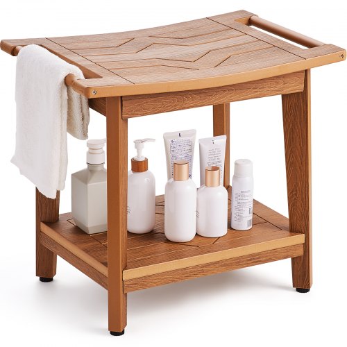 Natural teak poly lumber shower bench with shelf, handles, and toiletries, 21x14x18.5 inches.