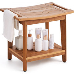 Natural teak poly lumber shower bench with shelf, handles, and toiletries, 21x14x18.5 inches.