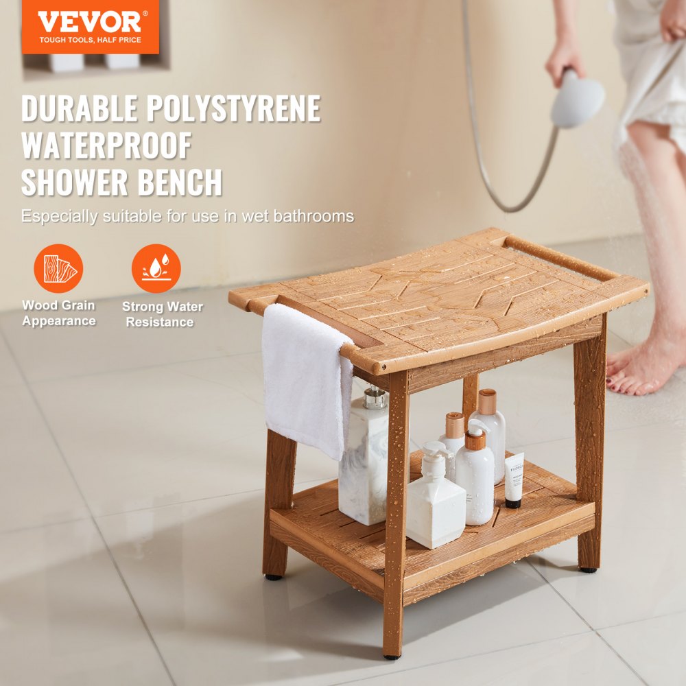A natural teak-colored poly lumber shower bench with slatted seat, shelf holding bottles, and towel, shown in a bathroom setting.