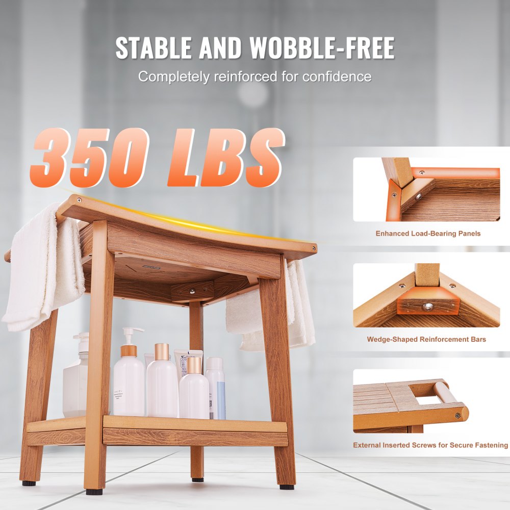 A natural teak poly lumber shower bench with reinforced frame, shelf, and 350 lbs capacity.