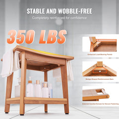 A natural teak poly lumber shower bench with reinforced frame, shelf, and 350 lbs capacity.
