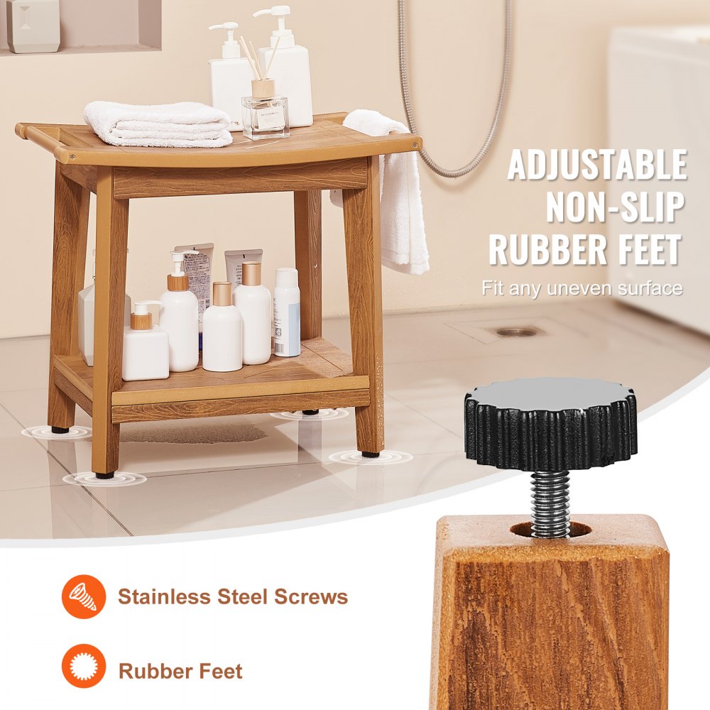 Wooden shower bench with shelf, adjustable non-slip rubber feet, and stainless steel screws.
