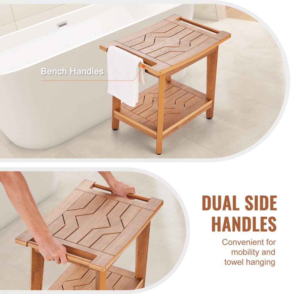 Wooden-look poly lumber shower bench with dual side handles and shelf, in natural teak finish.