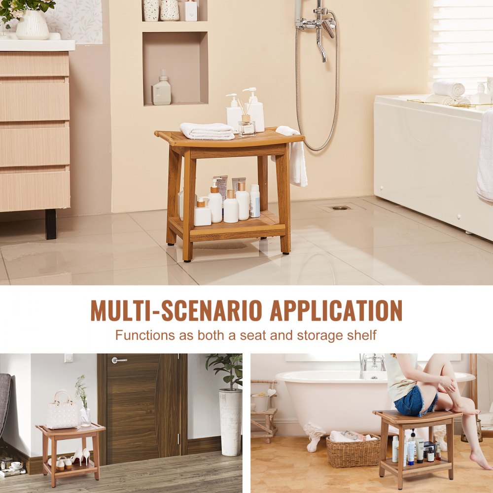 Wooden shower bench with shelf in bathroom, used as seat and storage.