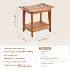 Natural teak poly lumber shower bench with shelf, 21x14x18.5 inches, 350 lb capacity.