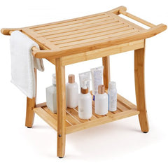 Natural bamboo shower bench with slatted design, mold-resistant finish, and 300 lbs capacity.