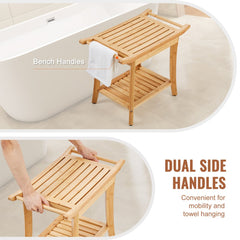 Natural bamboo shower bench with slatted design, mold-resistant finish, and 300 lbs capacity.