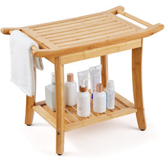 Natural bamboo shower bench with a slatted top, towel bar, and lower storage shelf.